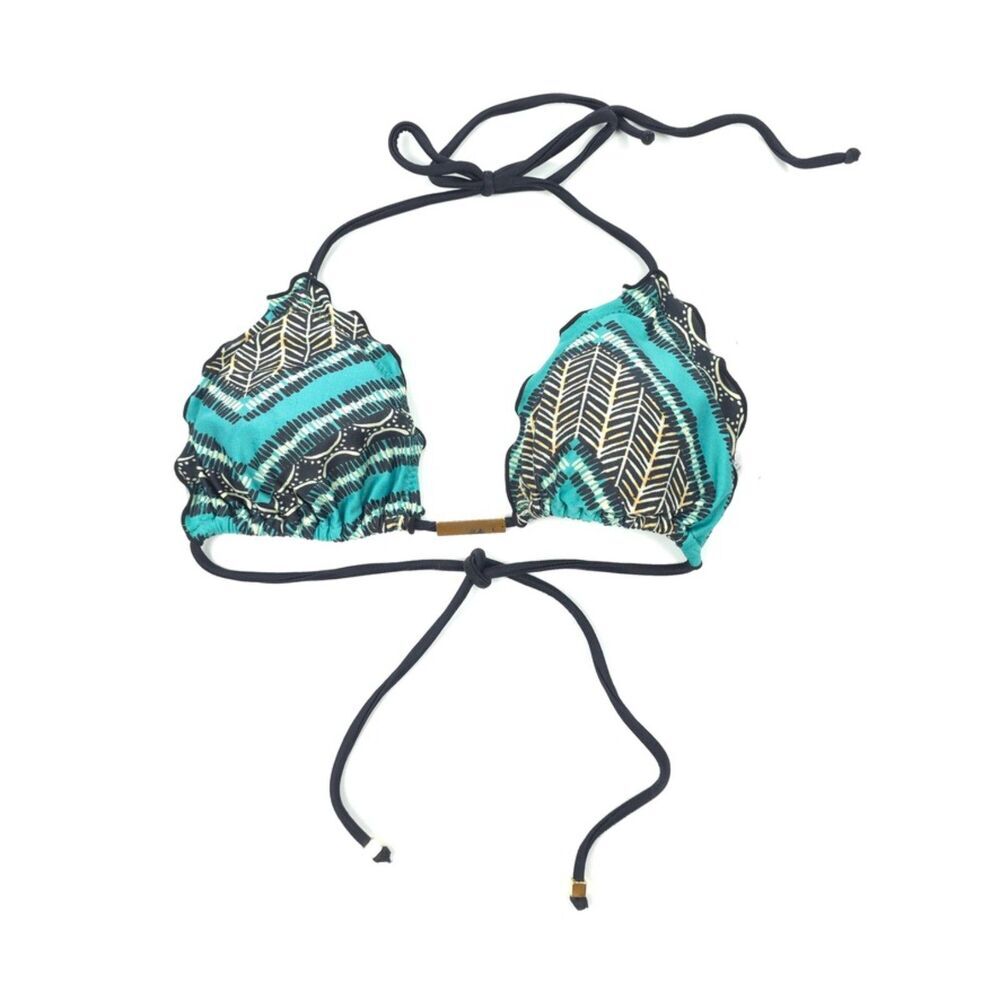 VIX Paula Hermanny Ruffled Halter Bikini Top Aztec Print Blue Beach Boho Minimal